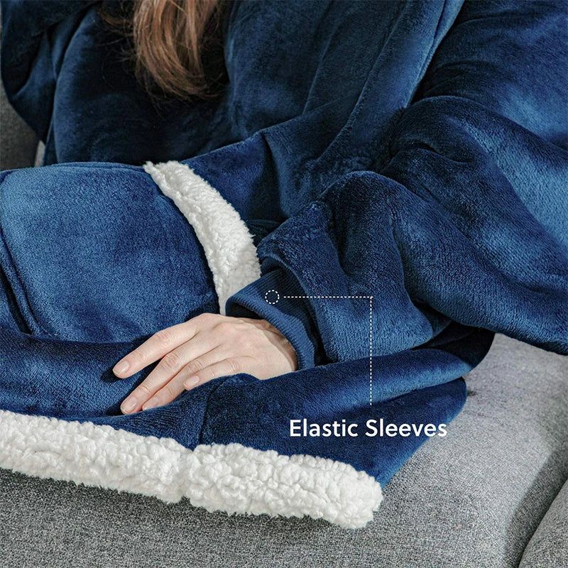 Winter Warm TV Blanket with Sleeves Big Pocket Fleece Family Sherpa Hoodies Oversized Flannel Soft Hooded Robe Blankets