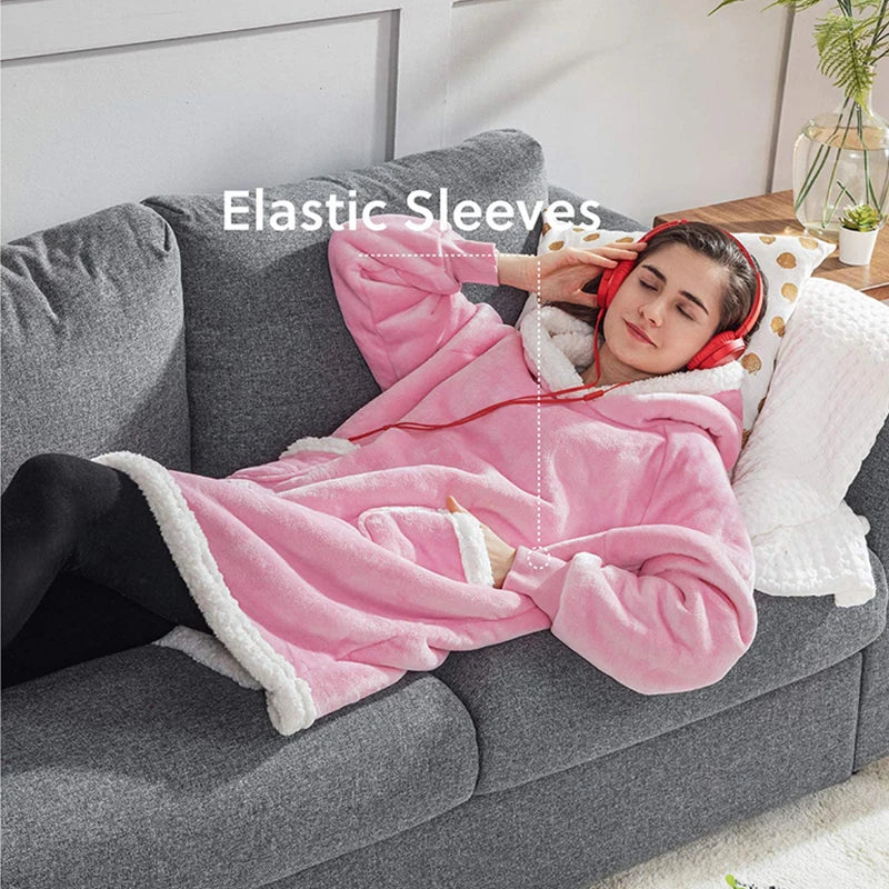 Winter Warm TV Blanket with Sleeves Big Pocket Fleece Family Sherpa Hoodies Oversized Flannel Soft Hooded Robe Blankets