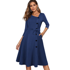 Nice-forever Spring Solid Color with Button Retro Elegant Dresses Party Flare Swing Women Dress A241