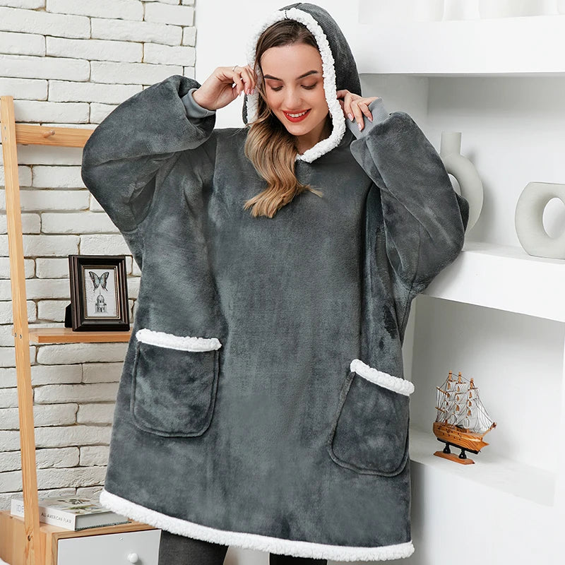 Winter Warm TV Blanket with Sleeves Big Pocket Fleece Family Sherpa Hoodies Oversized Flannel Soft Hooded Robe Blankets