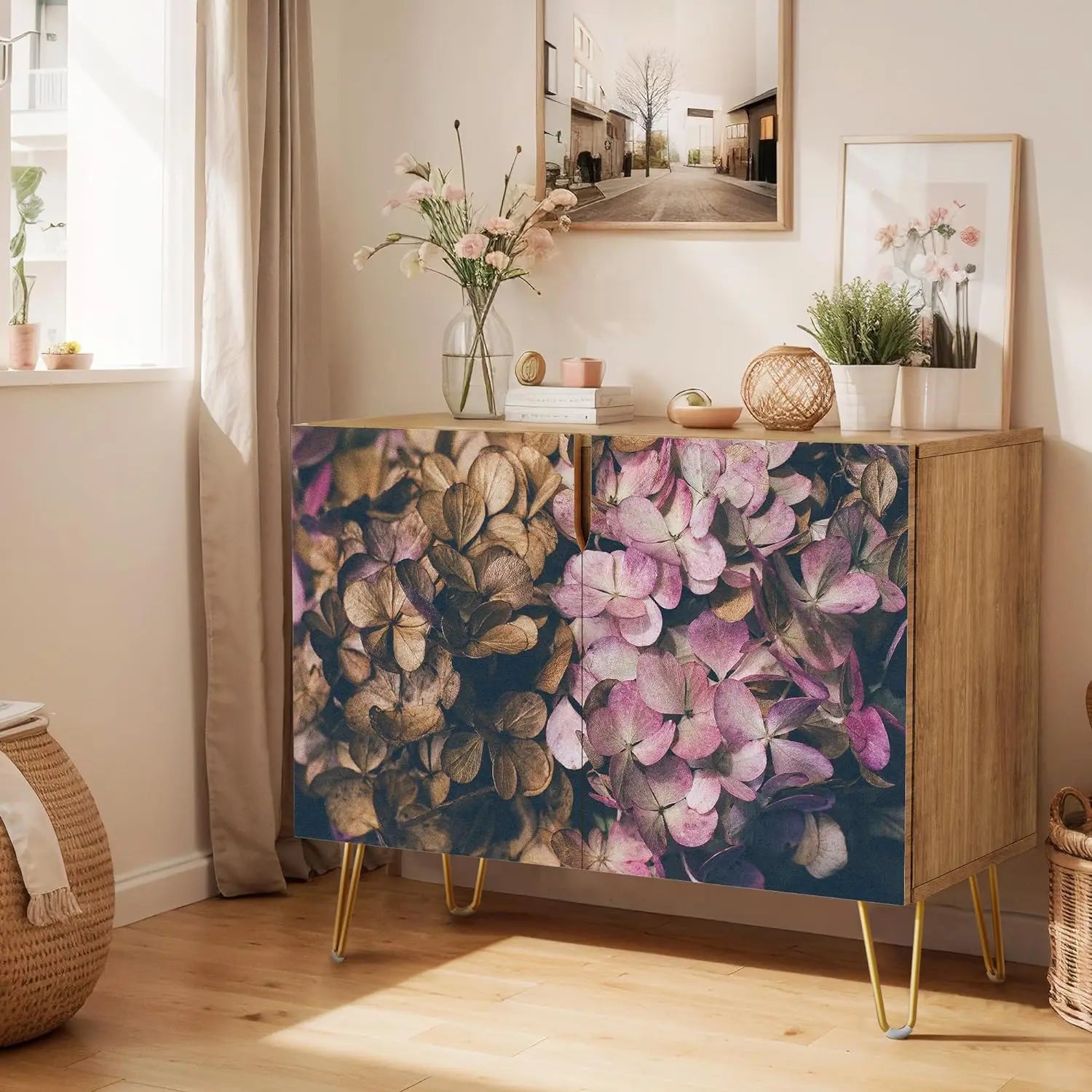 Sideboard Buffet Cabinet, Kitchen Storage Cabinet with 2 Doors, Black, Brown & Gold Geometric Polygons Abstract Shapes