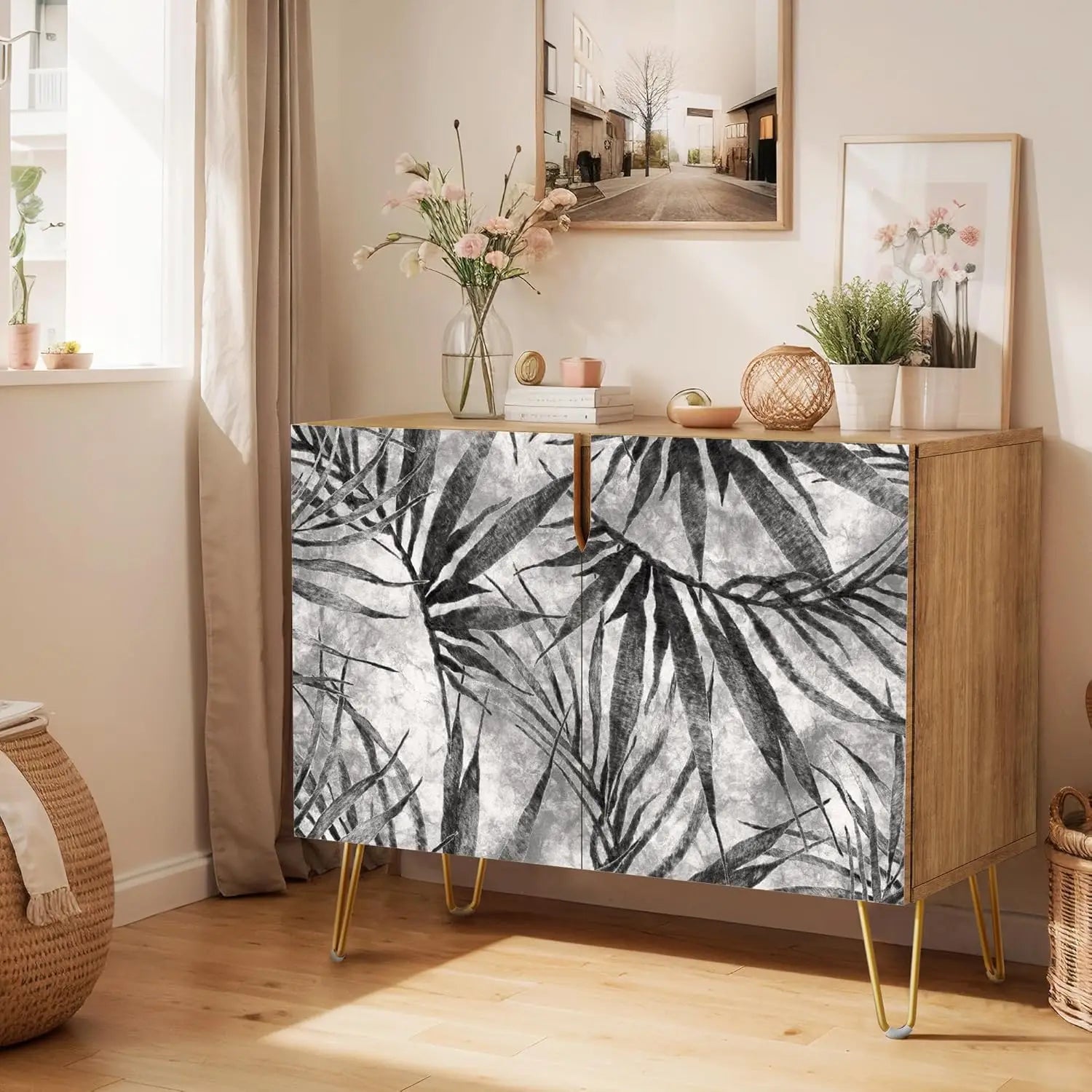 Sideboard Buffet Cabinet, Kitchen Storage Cabinet with 2 Doors, Black, Brown & Gold Geometric Polygons Abstract Shapes