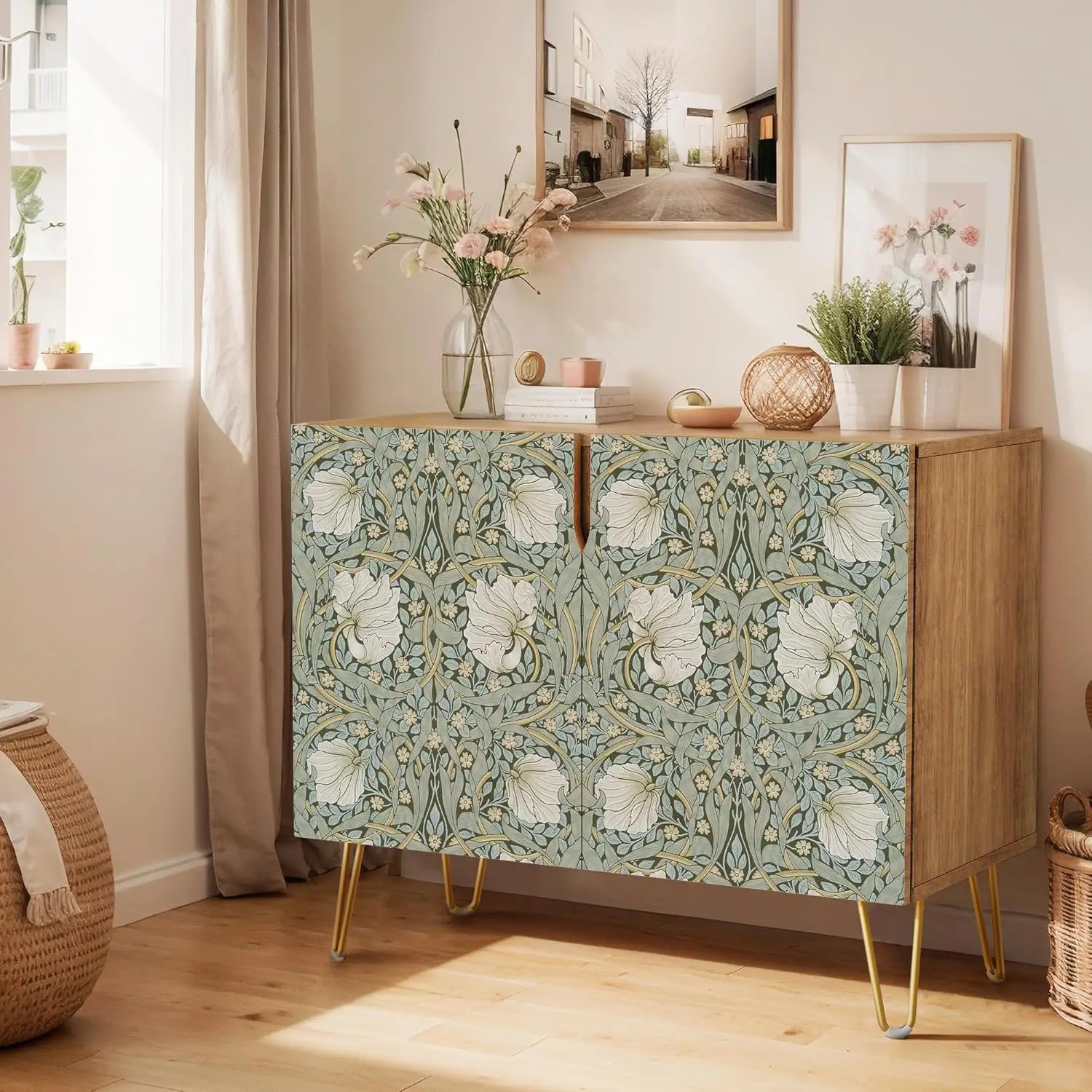 Sideboard Buffet Cabinet, Kitchen Storage Cabinet with 2 Doors, Black, Brown & Gold Geometric Polygons Abstract Shapes