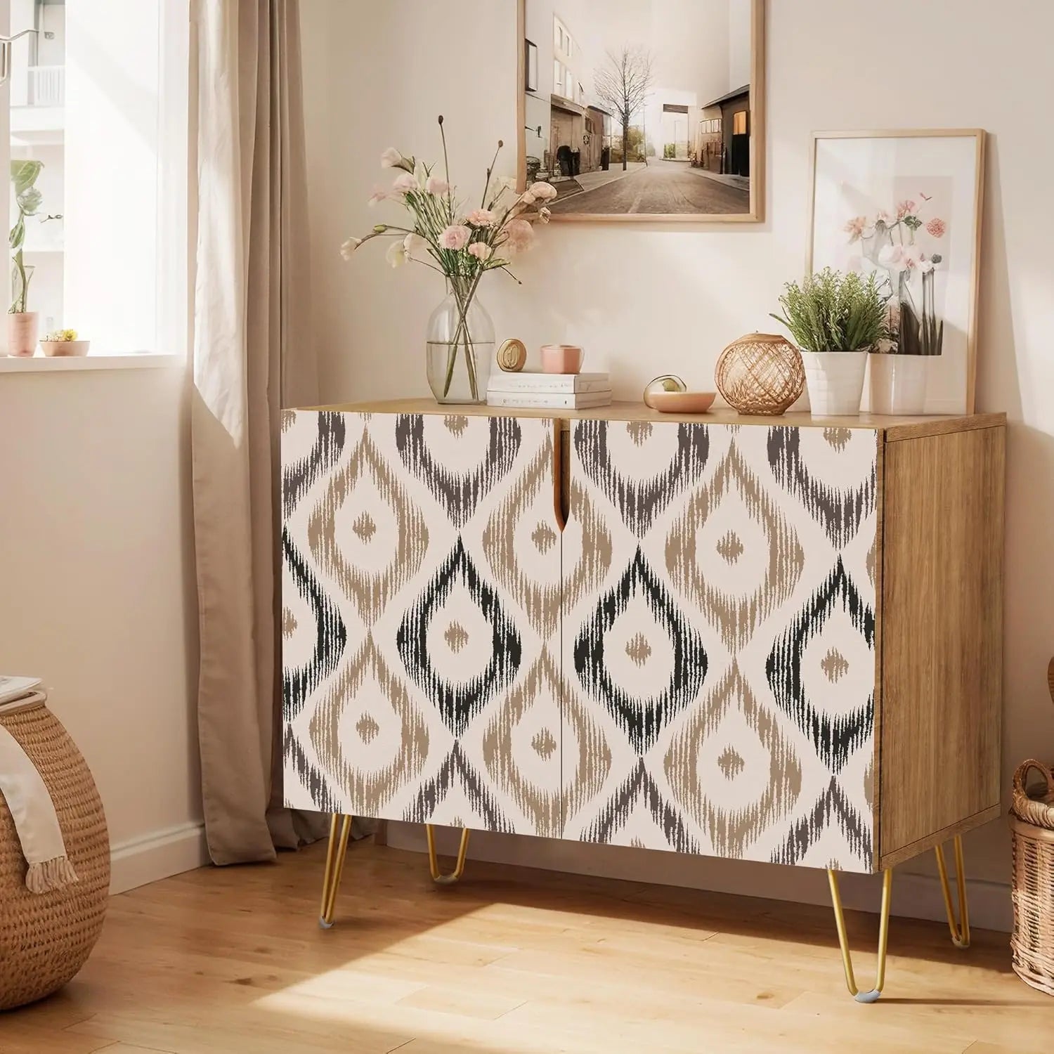 Sideboard Buffet Cabinet, Kitchen Storage Cabinet with 2 Doors, Black, Brown & Gold Geometric Polygons Abstract Shapes