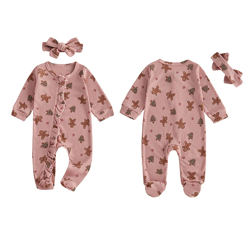 Baby Christmas Clothing Girls Casual Jumpsuit For Newborn Long Sleeve Gingerbread Print Ruffle Romper with Headband