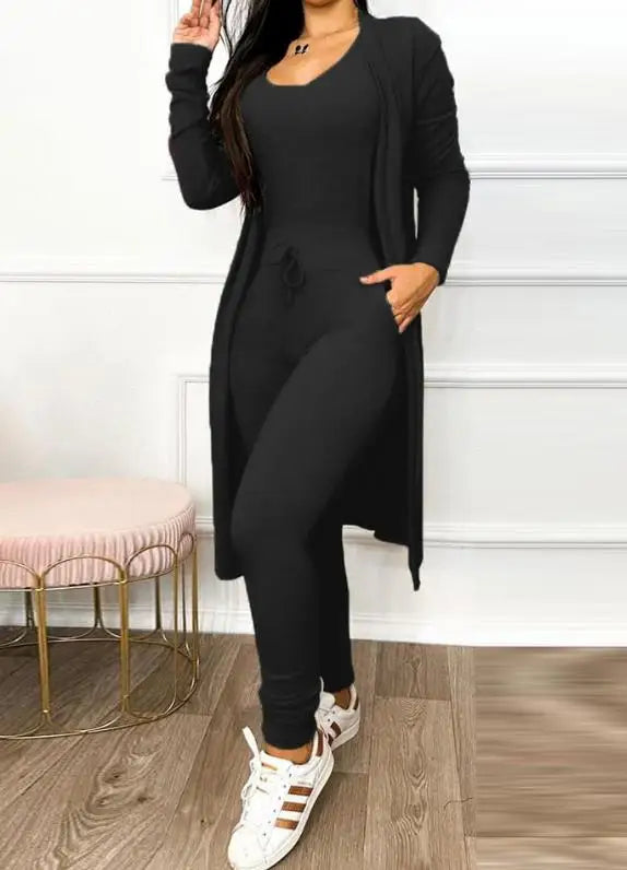 Autumn Women's New Drawstring Pocket Design Jumpsuit & Coat Set Temperament Commuting Women Fashion Suit Sets Two Piece Outfits