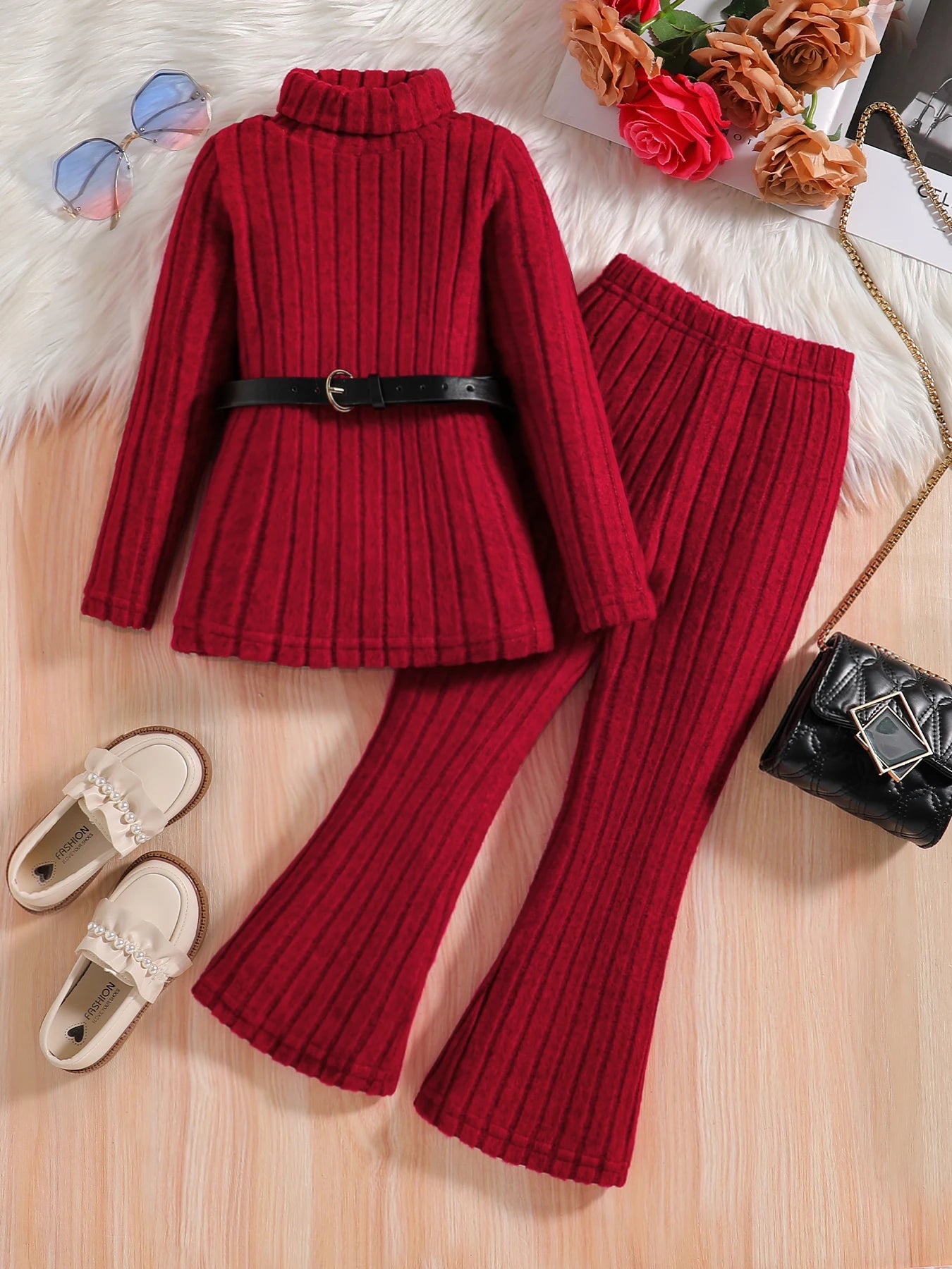 Children's Clothing Girls' Autumn Fashion Knitted Set - Red High Collar Long Sleeve Top+Red Knitted Wide Leg Pants 2-piece Set