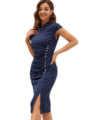 Nice-Forever Summer Women Classy Polka Dots Dresses with Button Elegant Vintage Office Bodycon Dress B898