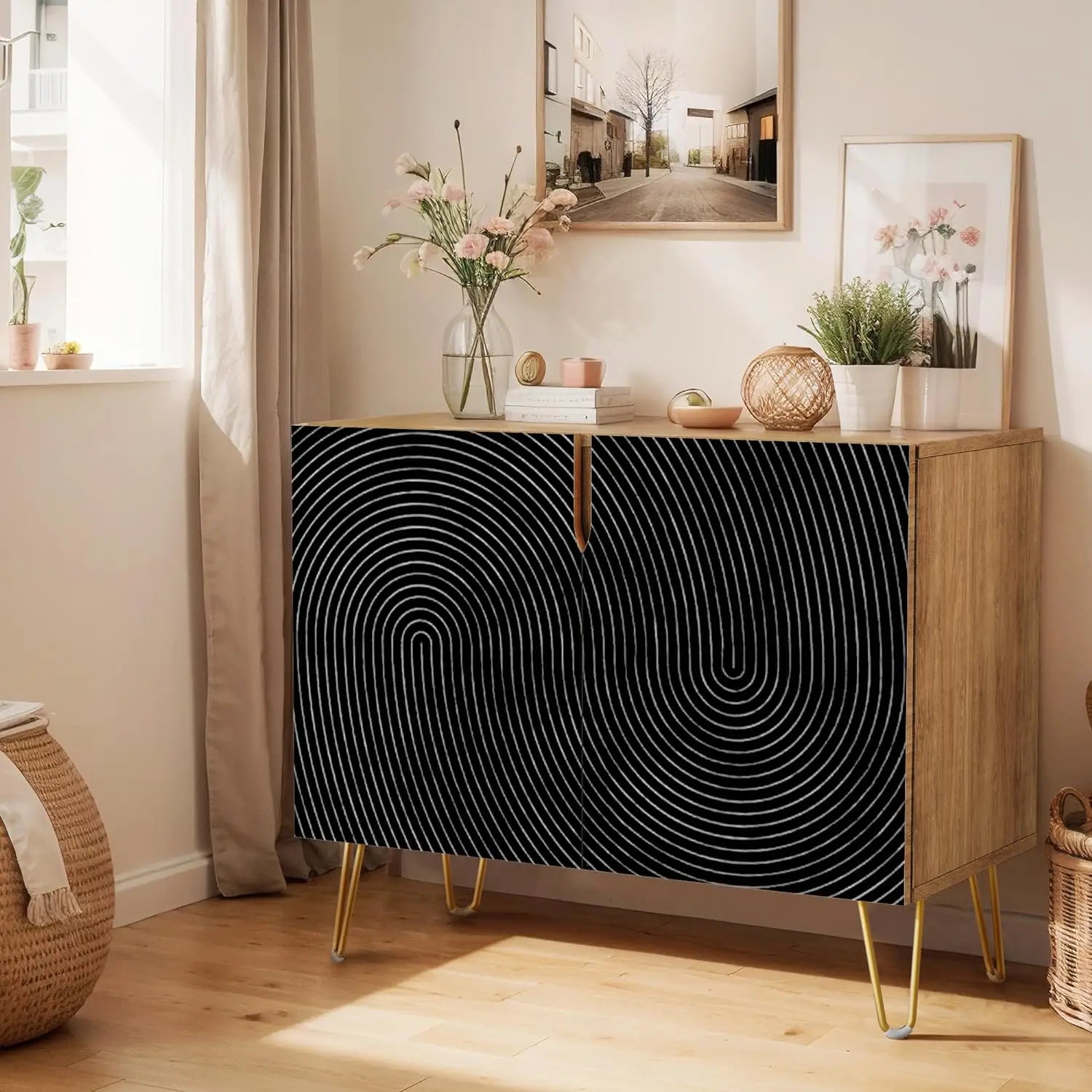 Sideboard Buffet Cabinet, Kitchen Storage Cabinet with 2 Doors, Black, Brown & Gold Geometric Polygons Abstract Shapes