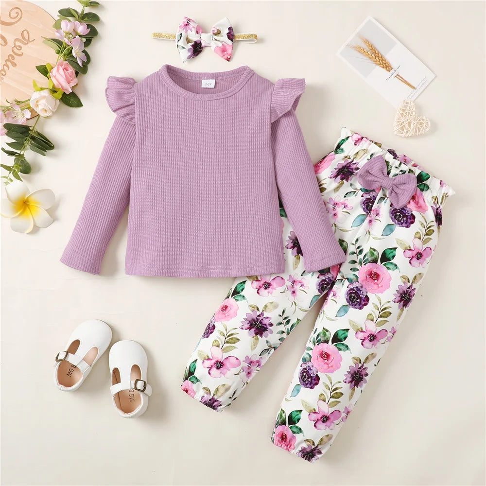 Toddler Girl Clothes Set Long Sleeve Solid Color Top+Floral Pants  Fashion Spring & Autumn Little Girl Clothing Outfit