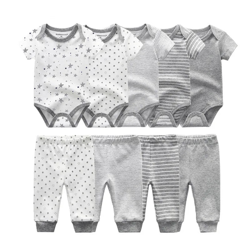 kiddiezoom 9 Pcs Unisex Newborn Clothing Sets100%Cotton Baby Bodysuit+Pant Baby Boy Girl Clothes Gift