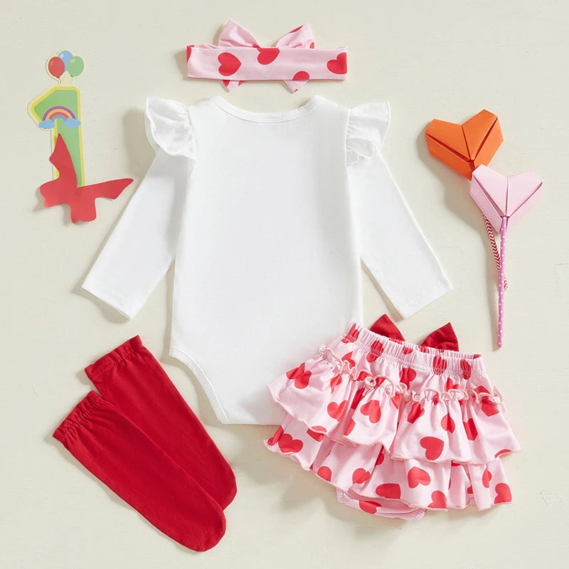 Baby Girl Valentine's Day Outfits Letter Print Long Sleeve Romper with Tiered Skirt and Headband Socks Set