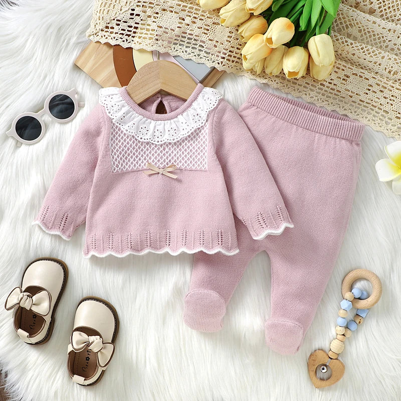 2pcs New Born Infant Clothes Spring Autumn Winter Toddler Kids Girls Crew Neck Long Sleeve Sweaters Tops+Pants Outfits 0-9M Wear