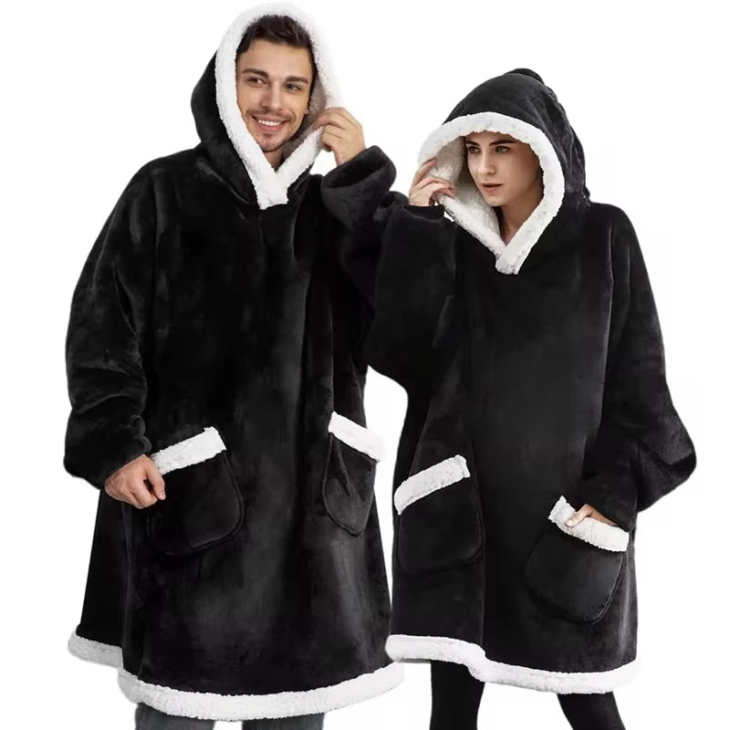 Winter Warm TV Blanket with Sleeves Big Pocket Fleece Family Sherpa Hoodies Oversized Flannel Soft Hooded Robe Blankets