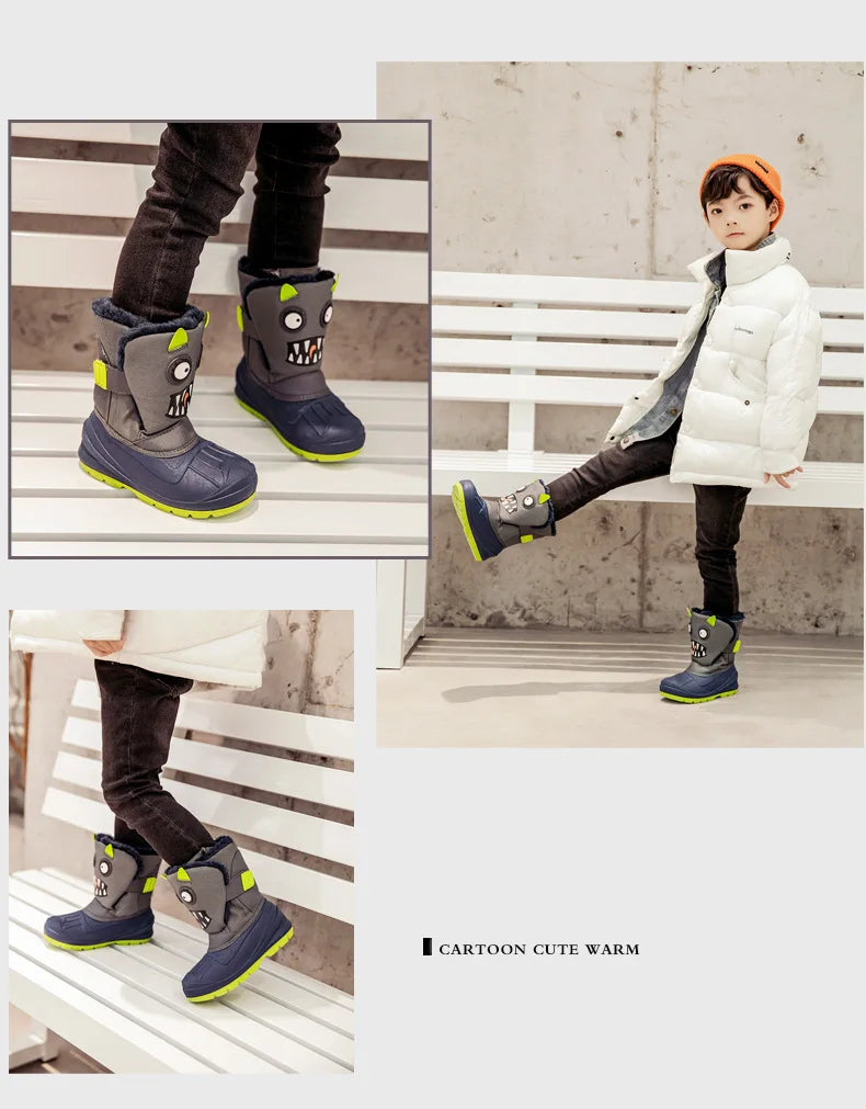 Winter Children Snow Boots Boys Girls Warm Waterproof Ski Boots Baby Cute Cartoon Dinosaur Print High Boots