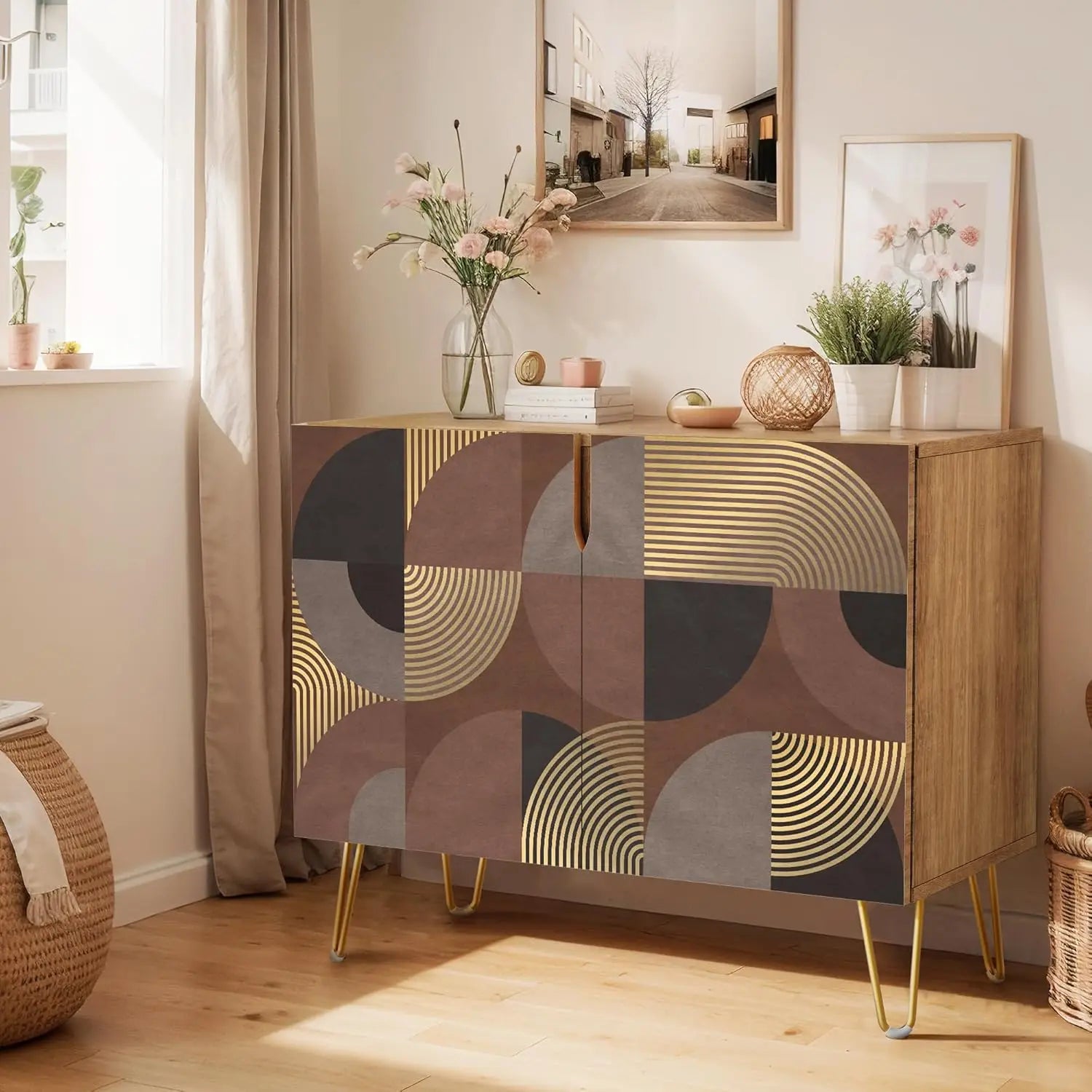 Sideboard Buffet Cabinet, Kitchen Storage Cabinet with 2 Doors, Black, Brown & Gold Geometric Polygons Abstract Shapes