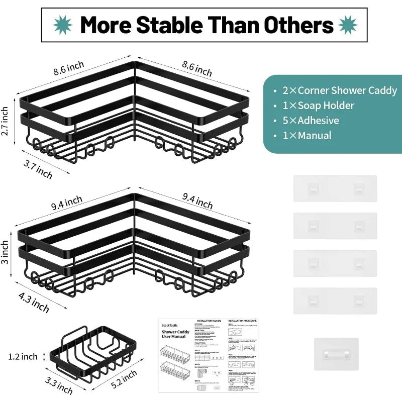 Corner Shower Caddy, 3 Pack Adhesive Bathroom Accessories with Soap Holder, Storage Stainless Shower Organizer Shelf with Hooks