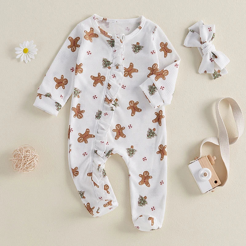 Baby Christmas Clothing Girls Casual Jumpsuit For Newborn Long Sleeve Gingerbread Print Ruffle Romper with Headband