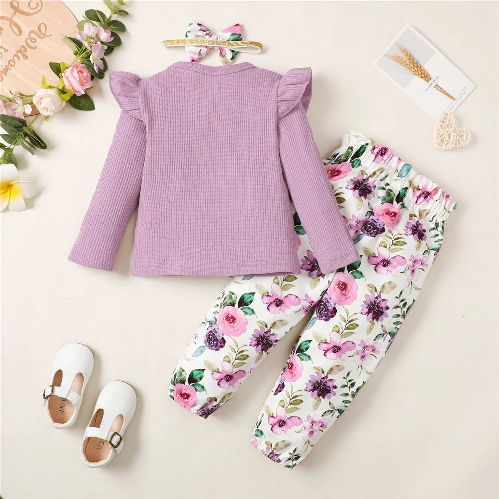 Toddler Girl Clothes Set Long Sleeve Solid Color Top+Floral Pants  Fashion Spring & Autumn Little Girl Clothing Outfit