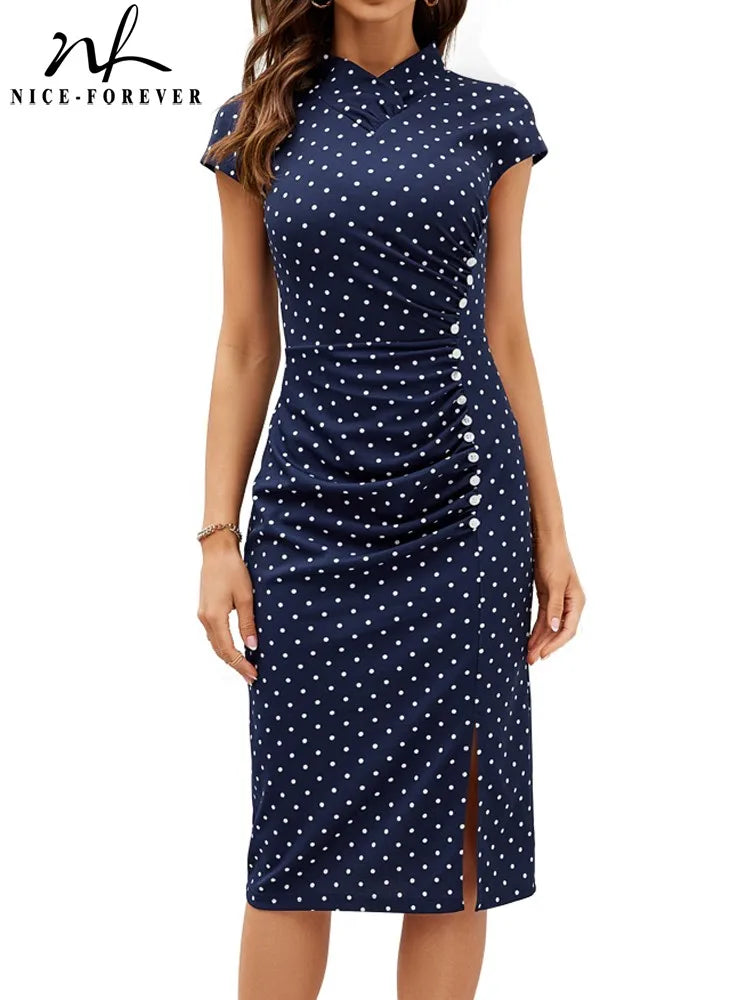 Nice-Forever Summer Women Classy Polka Dots Dresses with Button Elegant Vintage Office Bodycon Dress B898