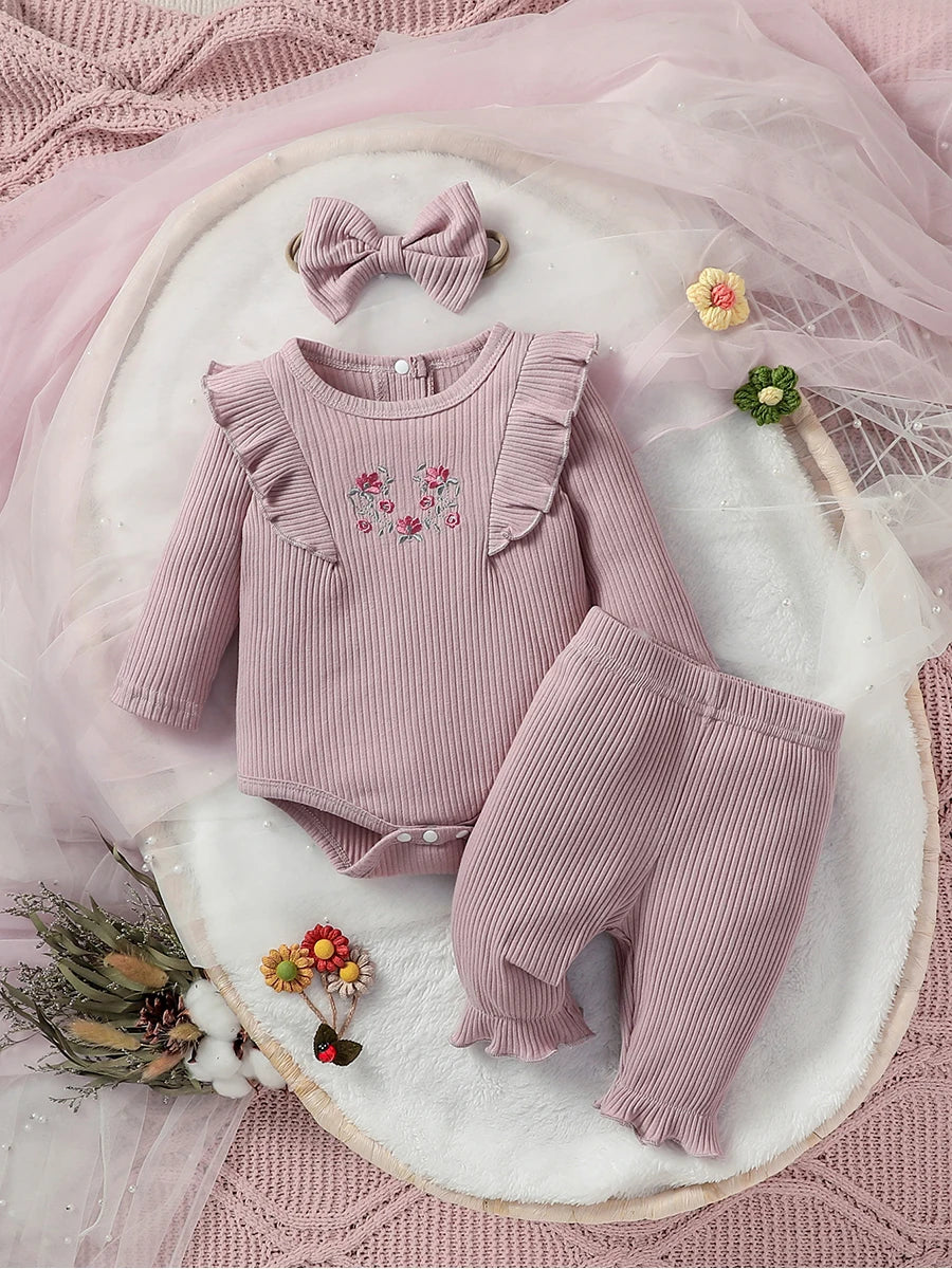 Baby Girls Full Sleeve Floral Pantsuit For Spring/Autumn Daily New Style Babyset+Headband