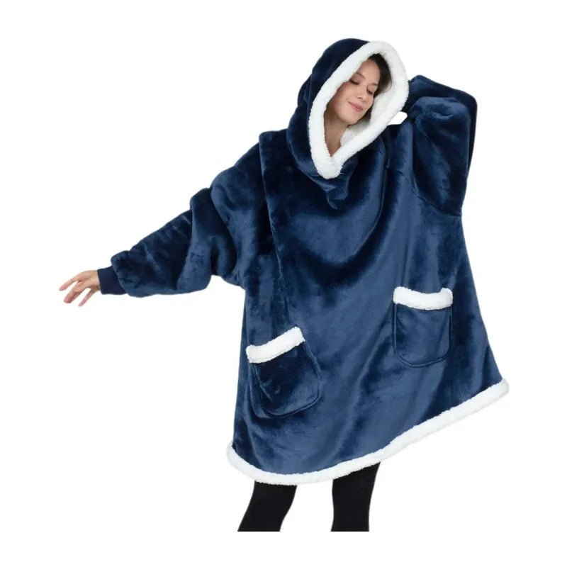 Winter Warm TV Blanket with Sleeves Big Pocket Fleece Family Sherpa Hoodies Oversized Flannel Soft Hooded Robe Blankets