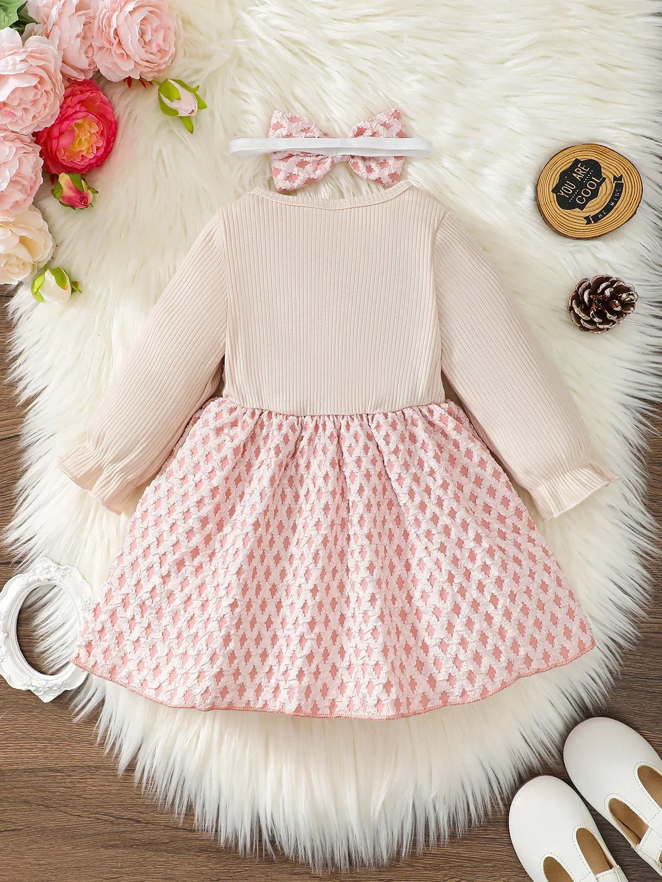 Newborn Baby Girl Dress Long Sleeves Patchwork with Bow One Year Old Dress New Year&Christmas Dress Up Wear for Toddler 0-3Years