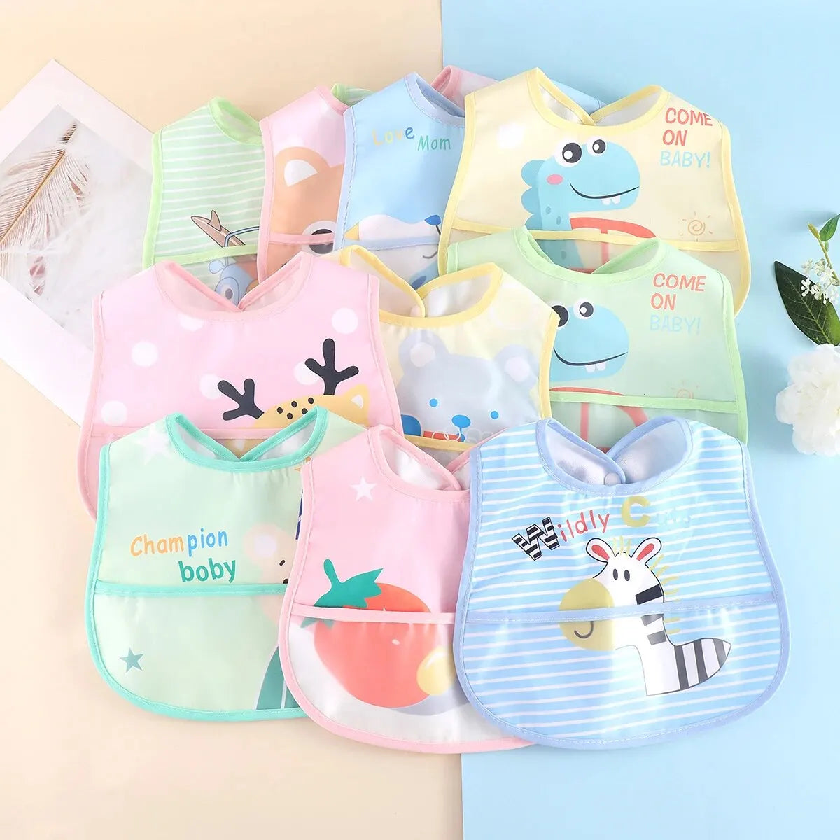 Random 5pcs Cartoon Animals Waterproof Bibs Baby Kids Girls Boys Waterproof Saliva Toddler Feeding Bibs Baby Bibs Aprons Adjusab