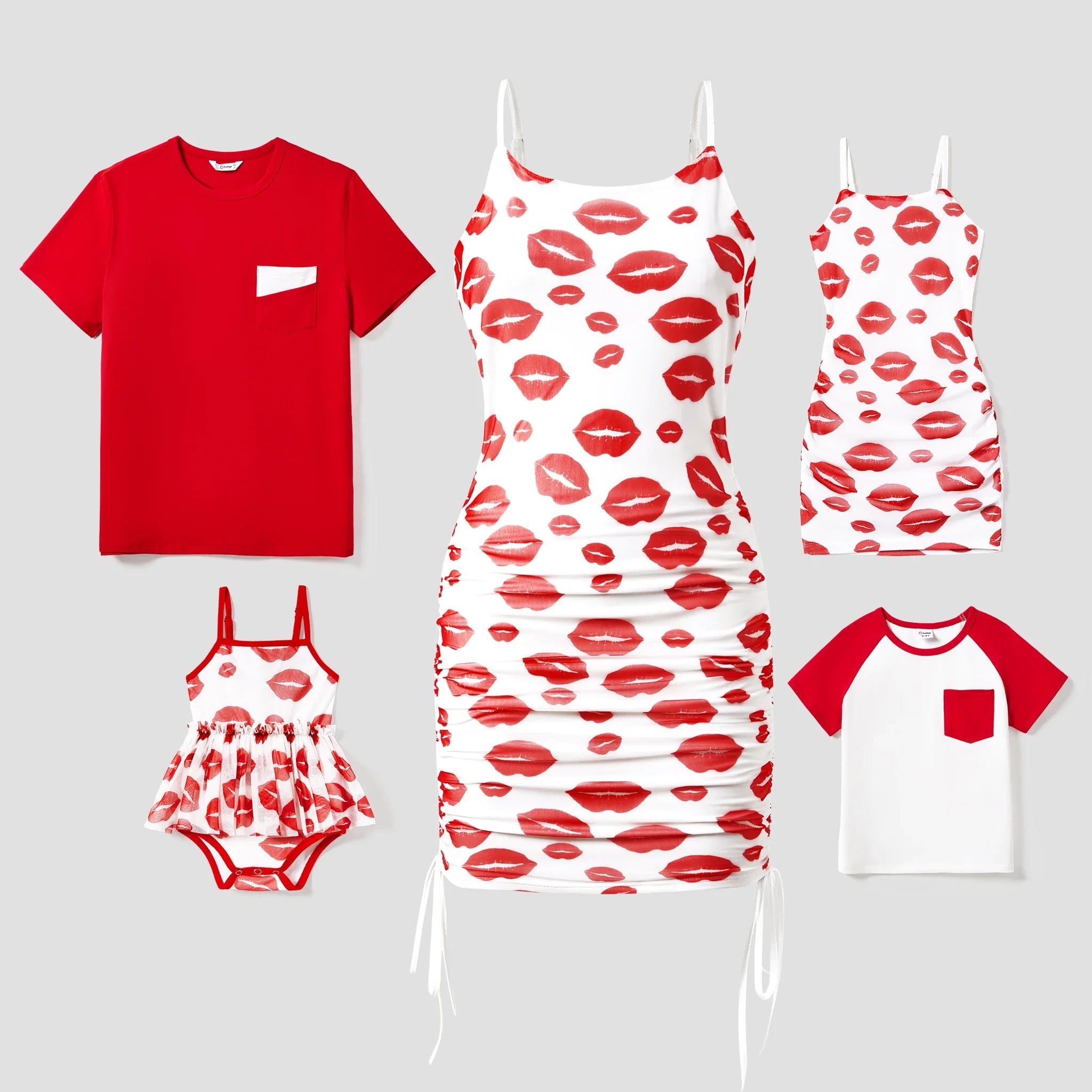 Family Matching Solid Color Raglan-Sleeve Tee and Red Lip Print Bodycon Ruched Drawstring Mesh Strap Dress Sets