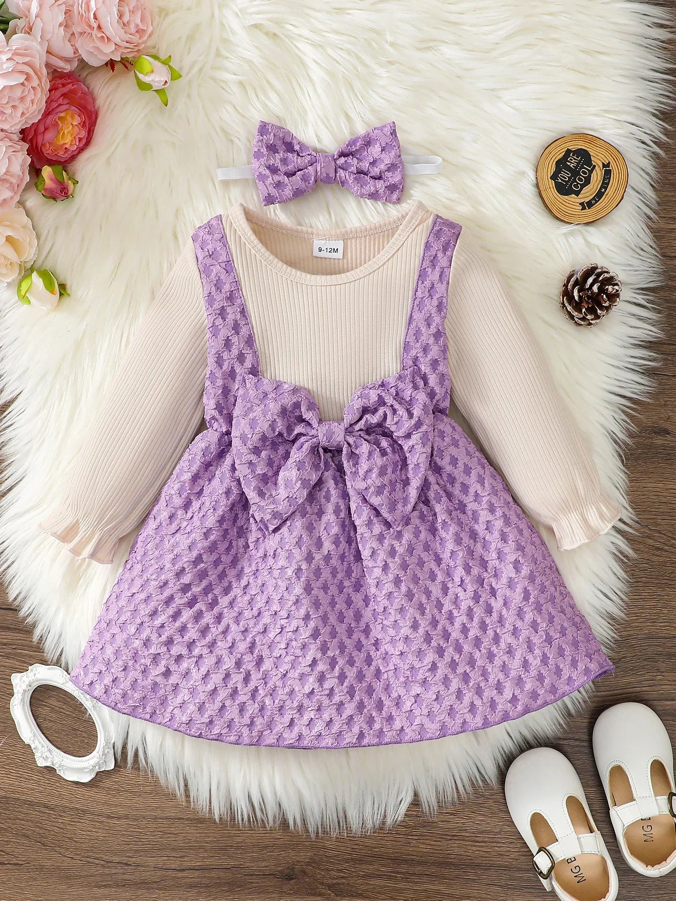 Newborn Baby Girl Dress Long Sleeves Patchwork with Bow One Year Old Dress New Year&Christmas Dress Up Wear for Toddler 0-3Years