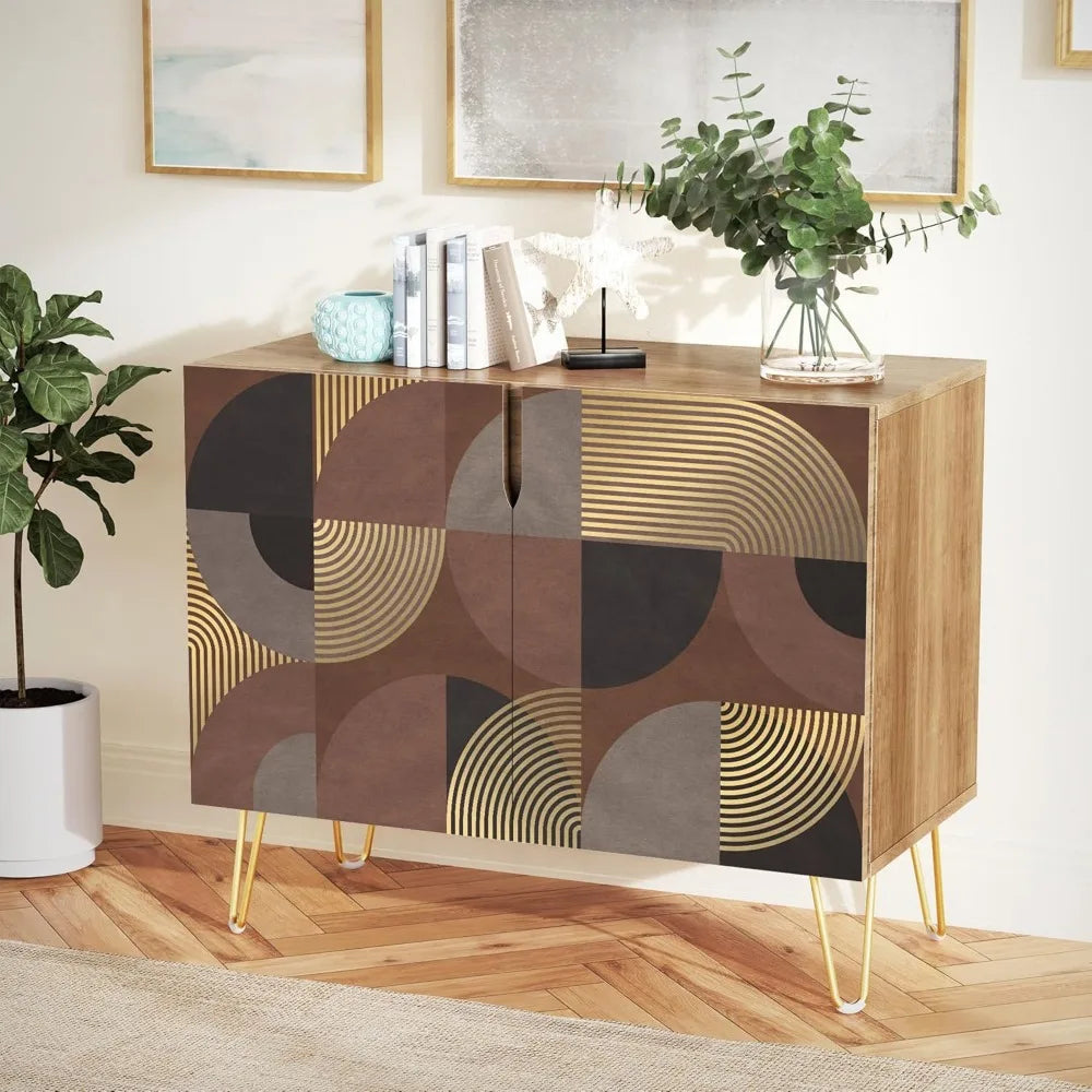 Sideboard Buffet Cabinet, Kitchen Storage Cabinet with 2 Doors, Black, Brown & Gold Geometric Polygons Abstract Shapes