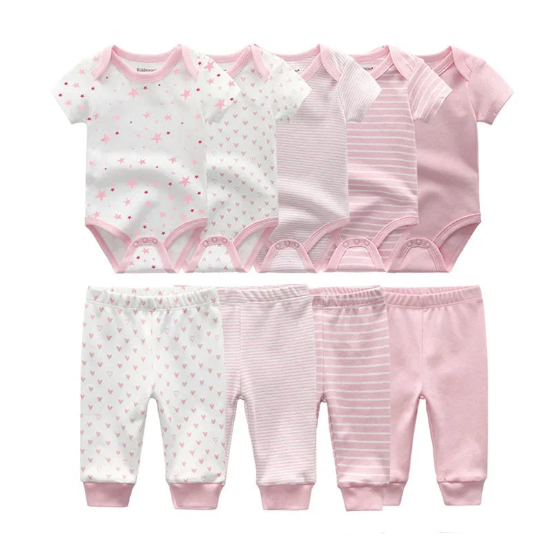 kiddiezoom 9 Pcs Unisex Newborn Clothing Sets100%Cotton Baby Bodysuit+Pant Baby Boy Girl Clothes Gift