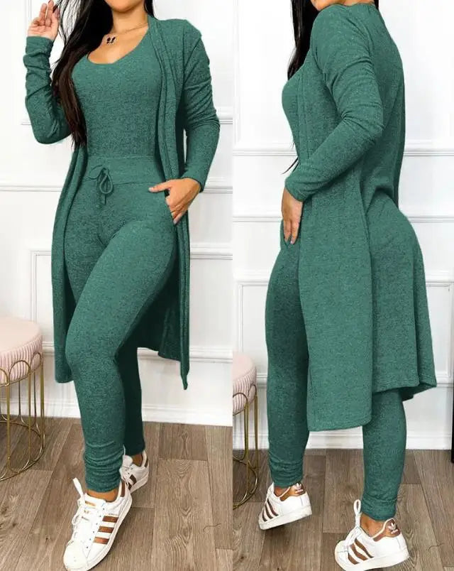 Autumn Women's New Drawstring Pocket Design Jumpsuit & Coat Set Temperament Commuting Women Fashion Suit Sets Two Piece Outfits