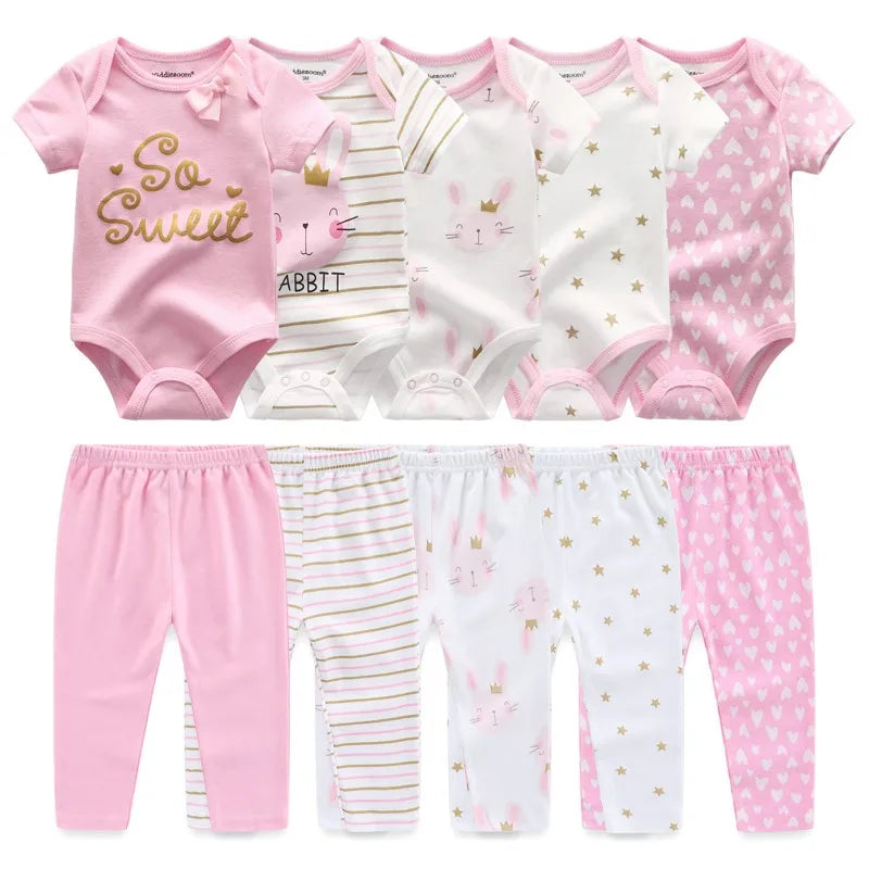 Kiddiezoom 10 Pcs/Lot Four Seasons Fashion Unisex Baby Boy Girl Clothing Set Soft Newborn Bodysuits+Pants Infant Outfit Gift