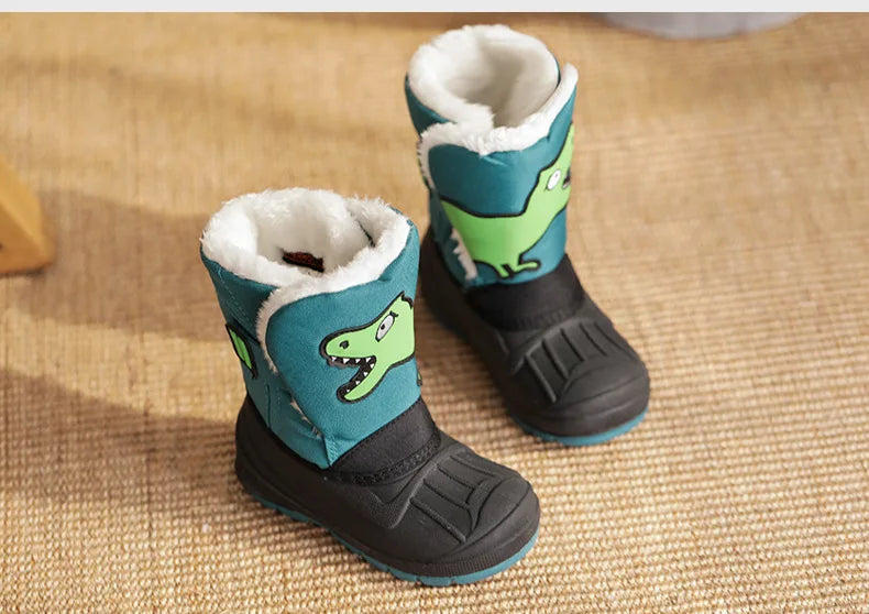 Winter Children Snow Boots Boys Girls Warm Waterproof Ski Boots Baby Cute Cartoon Dinosaur Print High Boots