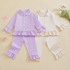 Girls 2PCS Pajama Sets Long Sleeve Lapel Ruffle Trim Button Up Shirt Pants Sleepwear