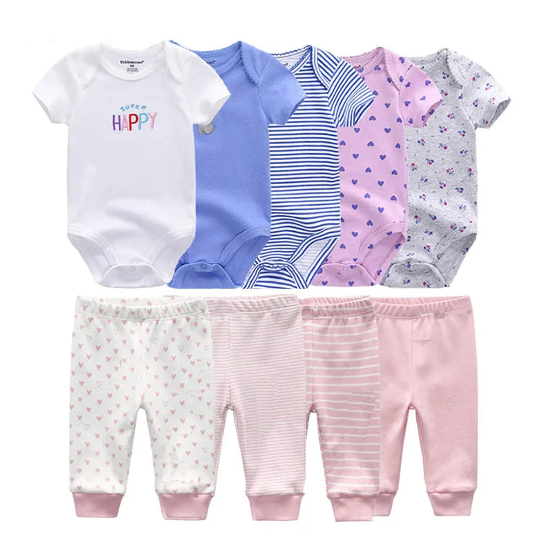 kiddiezoom 9 Pcs Unisex Newborn Clothing Sets100%Cotton Baby Bodysuit+Pant Baby Boy Girl Clothes Gift