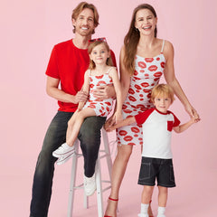 Family Matching Solid Color Raglan-Sleeve Tee and Red Lip Print Bodycon Ruched Drawstring Mesh Strap Dress Sets