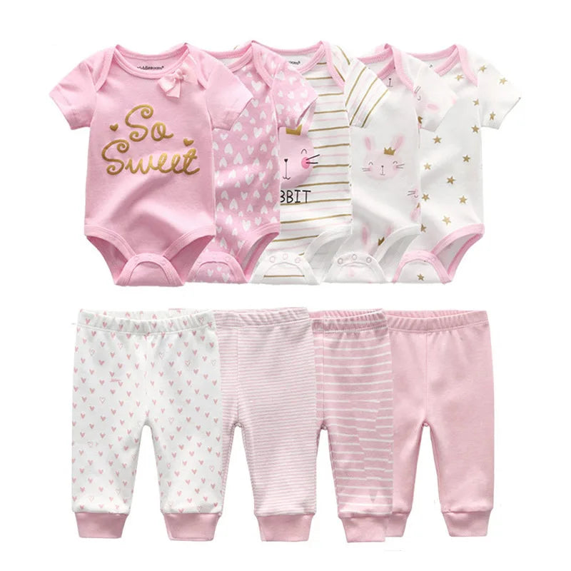 kiddiezoom 9 Pcs Unisex Newborn Clothing Sets100%Cotton Baby Bodysuit+Pant Baby Boy Girl Clothes Gift