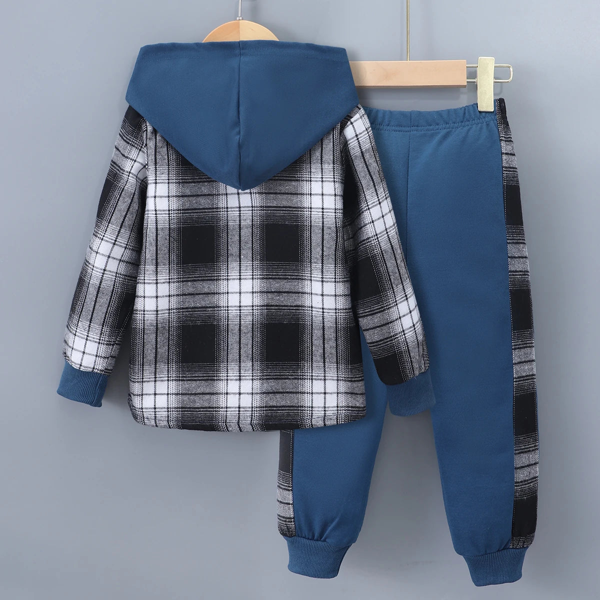 2024 Spring Winter Kids Boy 2-Piece Cotton Casual Simple Long Sleeve Checkered  Hooded Sweatshirt