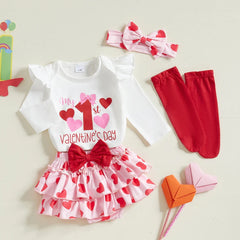 Baby Girl Valentine's Day Outfits Letter Print Long Sleeve Romper with Tiered Skirt and Headband Socks Set