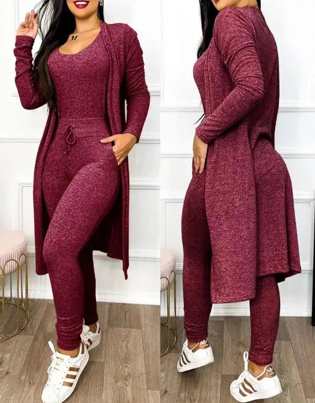 Autumn Women's New Drawstring Pocket Design Jumpsuit & Coat Set Temperament Commuting Women Fashion Suit Sets Two Piece Outfits