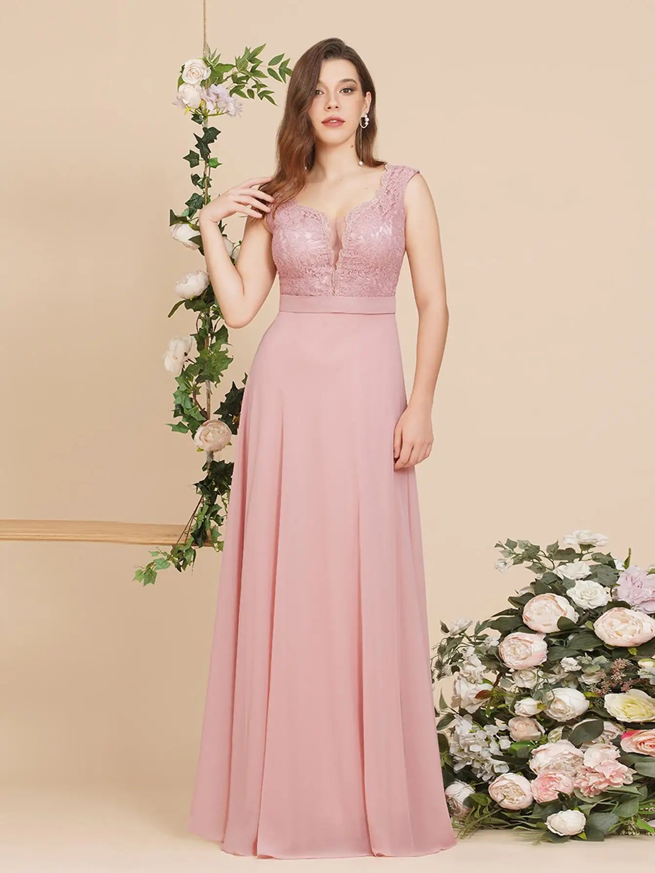 BABYONLINE Maxi Dusty Rose Bridesmaid Dresses Chic and Elegant Sleeveless Lace A Line Long Evening Gowns For Women Party Wedding