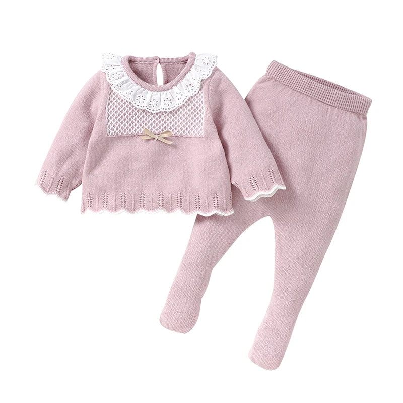 2pcs New Born Infant Clothes Spring Autumn Winter Toddler Kids Girls Crew Neck Long Sleeve Sweaters Tops+Pants Outfits 0-9M Wear