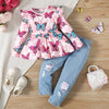 PatPat Toddler Girl Childlike Butterfly Animal Print Flutter Sleeve Top and Jeans Set Suitable for Summer Season Comfortable