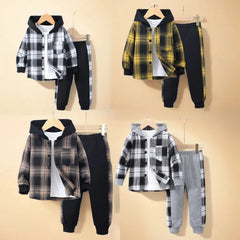 2024 Spring Winter Kids Boy 2-Piece Cotton Casual Simple Long Sleeve Checkered  Hooded Sweatshirt