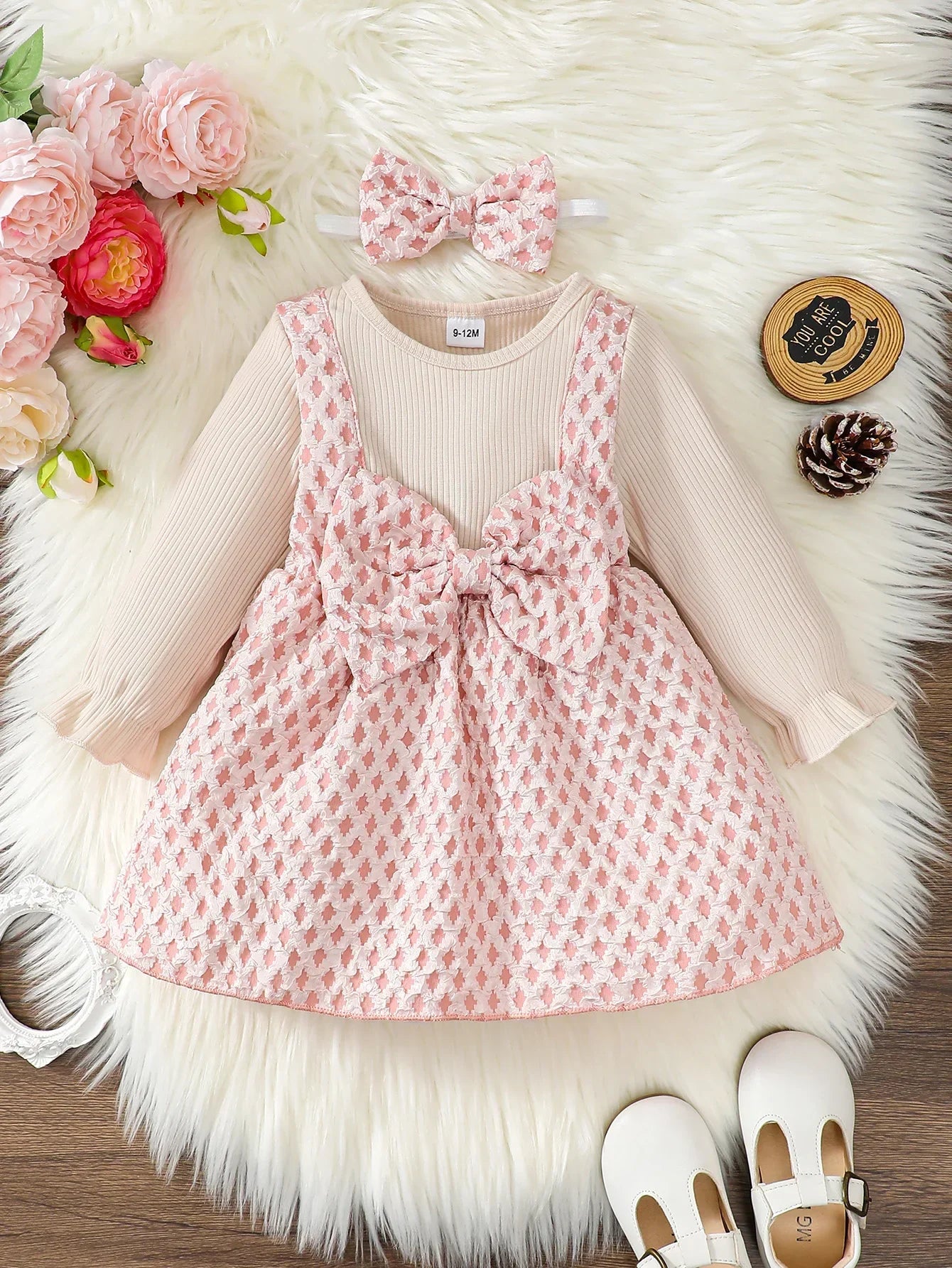 Newborn Baby Girl Dress Long Sleeves Patchwork with Bow One Year Old Dress New Year&Christmas Dress Up Wear for Toddler 0-3Years