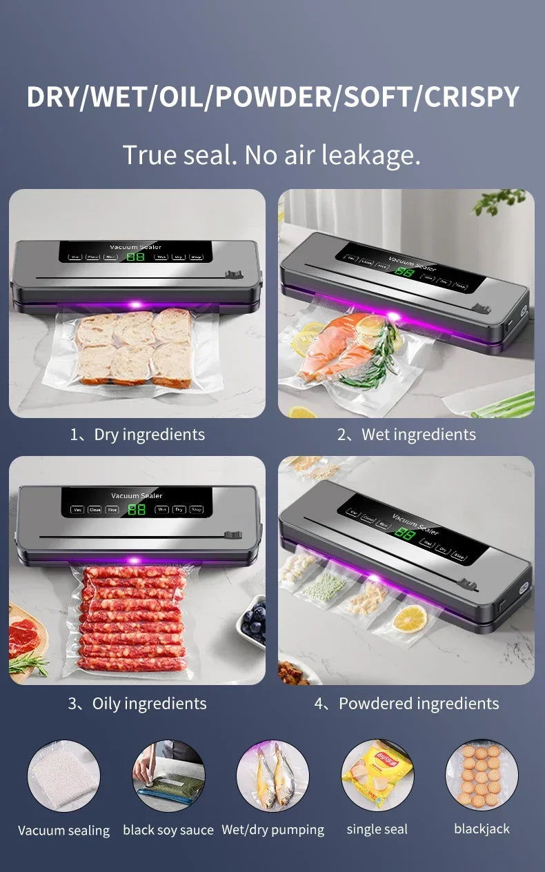 Electric Vacuum Sealer Built-in Cutter Kitchen Food Storage Seal Touch Button Dry/Wet Food Sealing Packaging Strips 10 Bags