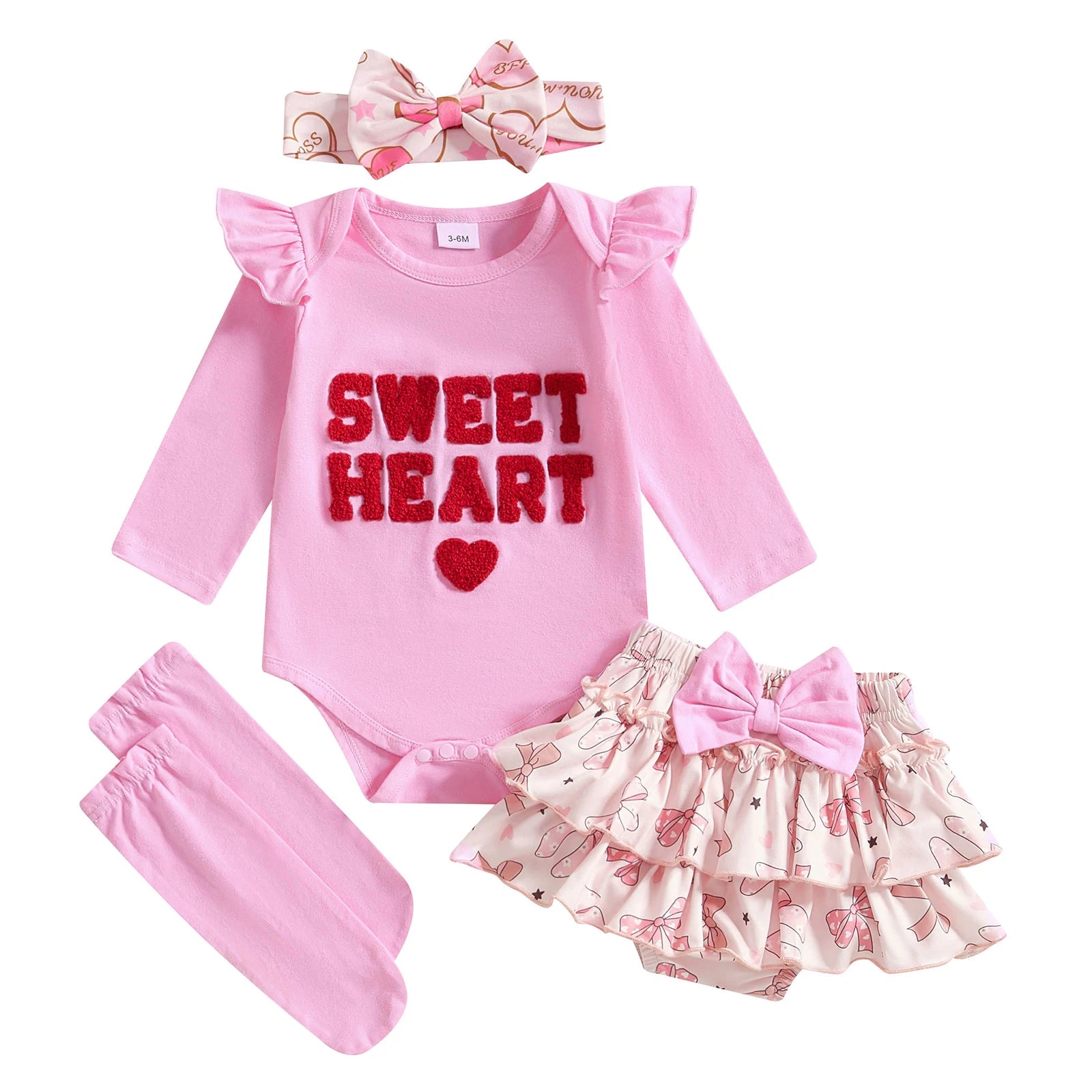 Baby Girl Valentine's Day Outfits Letter Print Long Sleeve Romper with Tiered Skirt and Headband Socks Set