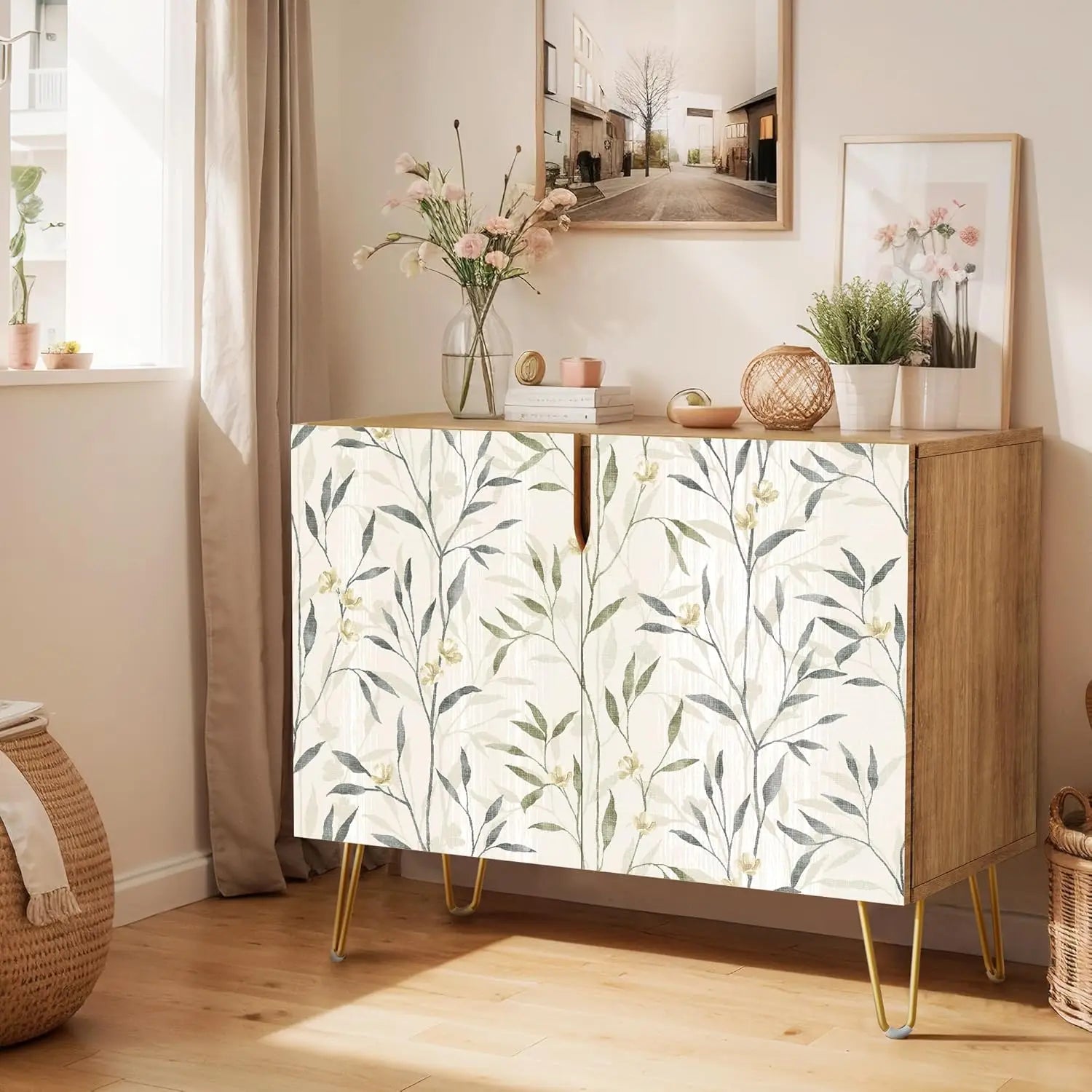 Sideboard Buffet Cabinet, Kitchen Storage Cabinet with 2 Doors, Black, Brown & Gold Geometric Polygons Abstract Shapes